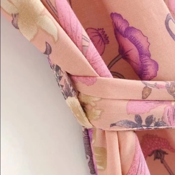 Pink Festival Bohemian Flower Floral Boho Printed Short Kimono Robe Tunic Wrap - Picture 9 of 14